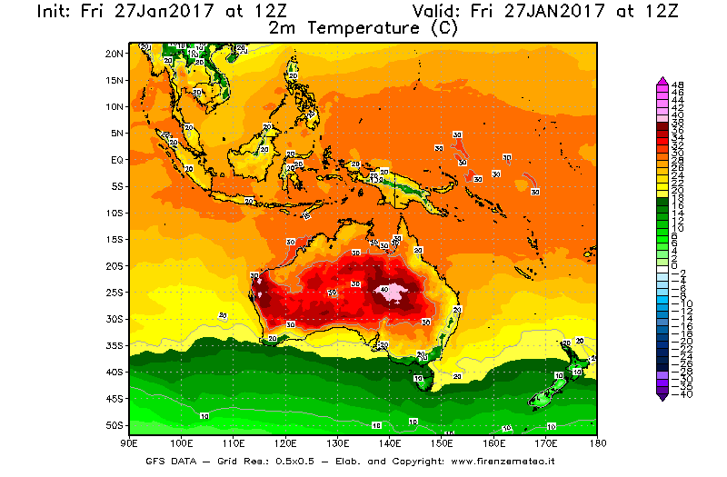 Mappa di analisi GFS - Temperatura a 2 metri dal suolo [°C] in Oceania
									del 27/01/2017 12 <!--googleoff: index-->UTC<!--googleon: index-->