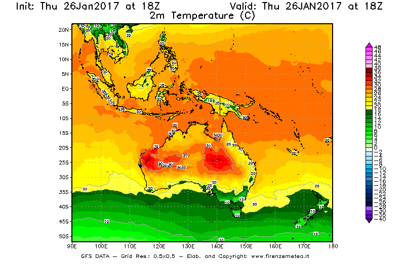 Mappa di analisi GFS - Temperatura a 2 metri dal suolo [°C] in Oceania
									del 27/01/2017 18 <!--googleoff: index-->UTC<!--googleon: index-->