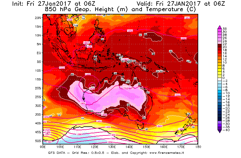 Mappa di analisi GFS - Geopotenziale [m] e Temperatura [°C] a 850 hPa in Oceania
									del 27/01/2017 06 <!--googleoff: index-->UTC<!--googleon: index-->