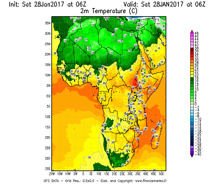 Mappa di analisi GFS - Temperatura a 2 metri dal suolo [°C] in Africa
							del 28/01/2017 06 <!--googleoff: index-->UTC<!--googleon: index-->