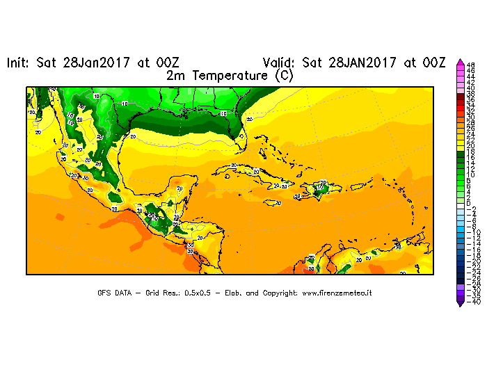 Mappa di analisi GFS - Temperatura a 2 metri dal suolo [°C] in Centro-America
									del 28/01/2017 00 <!--googleoff: index-->UTC<!--googleon: index-->