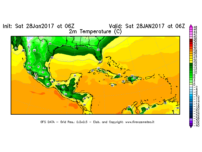 Mappa di analisi GFS - Temperatura a 2 metri dal suolo [°C] in Centro-America
									del 28/01/2017 06 <!--googleoff: index-->UTC<!--googleon: index-->