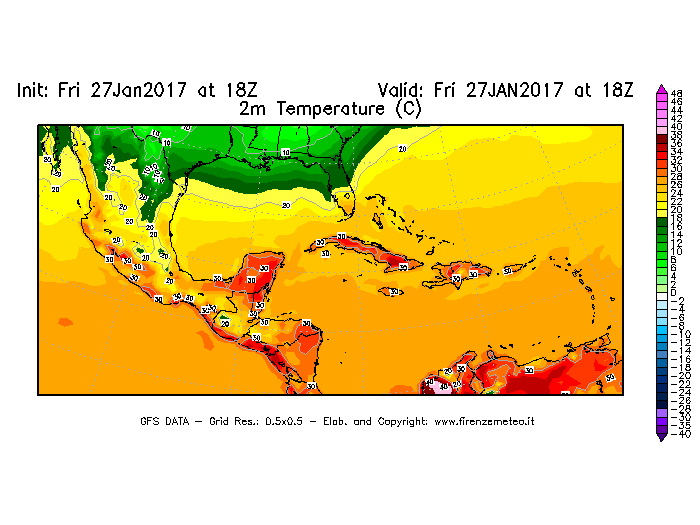 Mappa di analisi GFS - Temperatura a 2 metri dal suolo [°C] in Centro-America
							del 28/01/2017 18 <!--googleoff: index-->UTC<!--googleon: index-->