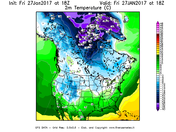 Mappa di analisi GFS - Temperatura a 2 metri dal suolo [°C] in Nord-America
									del 28/01/2017 18 <!--googleoff: index-->UTC<!--googleon: index-->