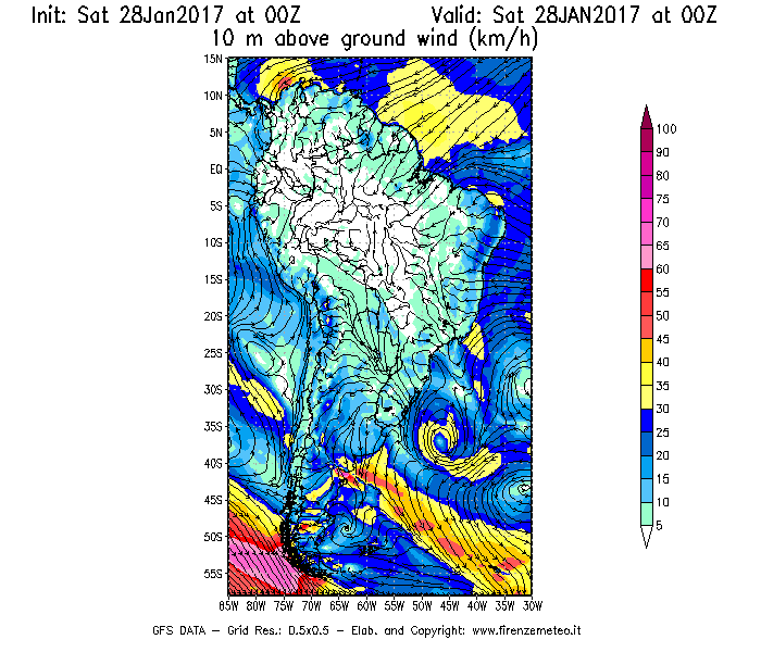 Mappa di analisi GFS - Velocità del vento a 10 metri dal suolo [km/h] in Sud-America
							del 28/01/2017 00 <!--googleoff: index-->UTC<!--googleon: index-->