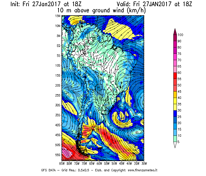 Mappa di analisi GFS - Velocità del vento a 10 metri dal suolo [km/h] in Sud-America
							del 28/01/2017 18 <!--googleoff: index-->UTC<!--googleon: index-->