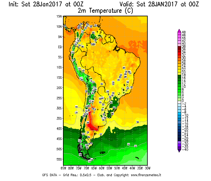 Mappa di analisi GFS - Temperatura a 2 metri dal suolo [°C] in Sud-America
							del 28/01/2017 00 <!--googleoff: index-->UTC<!--googleon: index-->