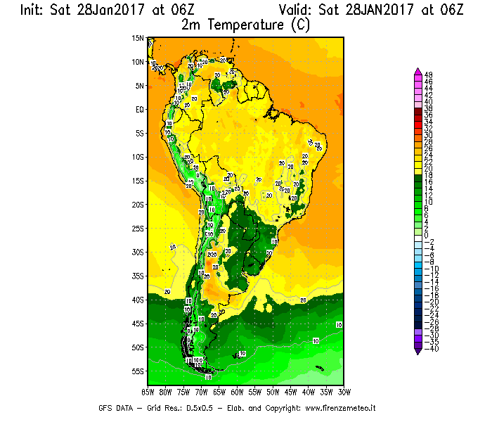 Mappa di analisi GFS - Temperatura a 2 metri dal suolo [°C] in Sud-America
							del 28/01/2017 06 <!--googleoff: index-->UTC<!--googleon: index-->