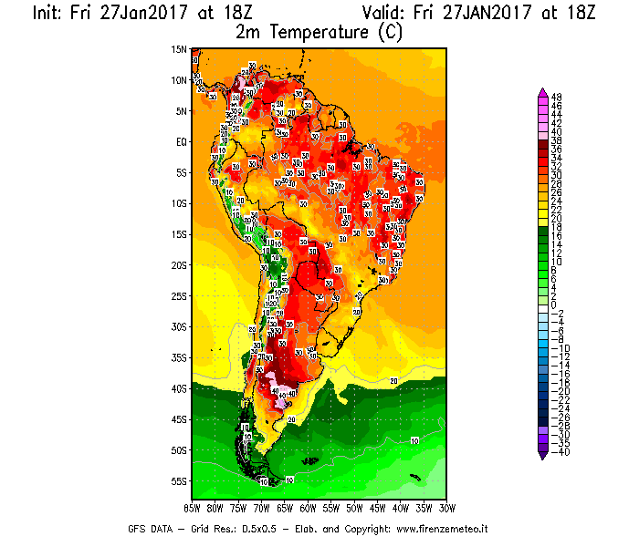 Mappa di analisi GFS - Temperatura a 2 metri dal suolo [°C] in Sud-America
									del 28/01/2017 18 <!--googleoff: index-->UTC<!--googleon: index-->