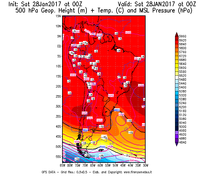 Mappa di analisi GFS - Geopotenziale [m] + Temp. [°C] a 500 hPa + Press. a livello del mare [hPa] in Sud-America
							del 28/01/2017 00 <!--googleoff: index-->UTC<!--googleon: index-->