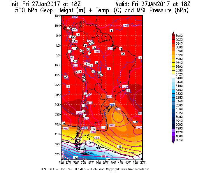 Mappa di analisi GFS - Geopotenziale [m] + Temp. [°C] a 500 hPa + Press. a livello del mare [hPa] in Sud-America
							del 28/01/2017 18 <!--googleoff: index-->UTC<!--googleon: index-->