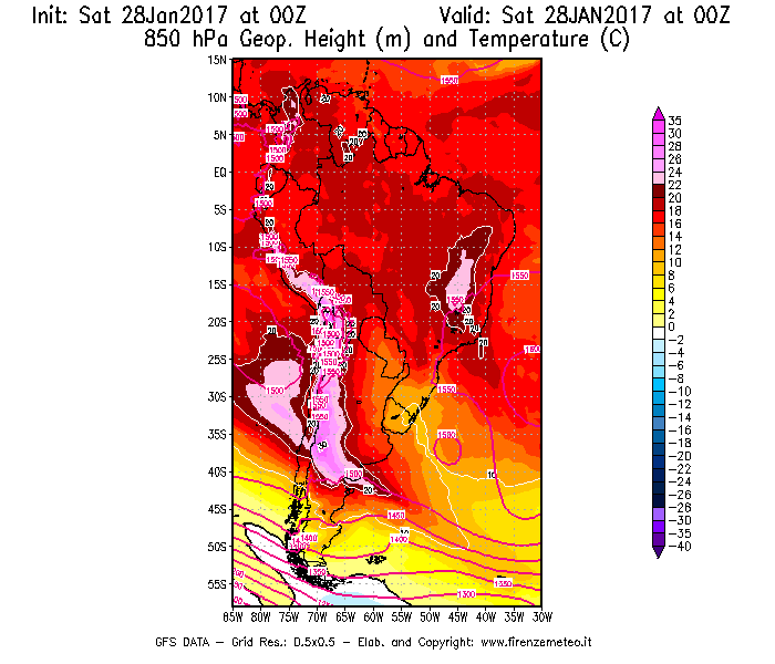 Mappa di analisi GFS - Geopotenziale [m] e Temperatura [°C] a 850 hPa in Sud-America
							del 28/01/2017 00 <!--googleoff: index-->UTC<!--googleon: index-->