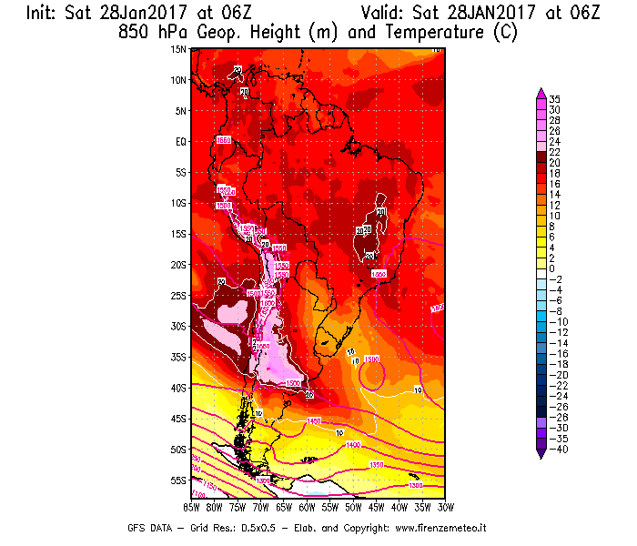 Mappa di analisi GFS - Geopotenziale [m] e Temperatura [°C] a 850 hPa in Sud-America
									del 28/01/2017 06 <!--googleoff: index-->UTC<!--googleon: index-->