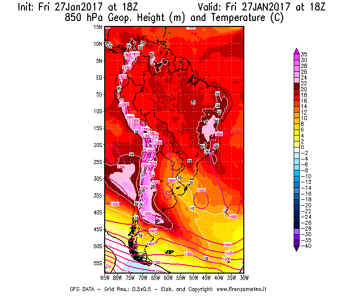 Mappa di analisi GFS - Geopotenziale [m] e Temperatura [°C] a 850 hPa in Sud-America
							del 28/01/2017 18 <!--googleoff: index-->UTC<!--googleon: index-->