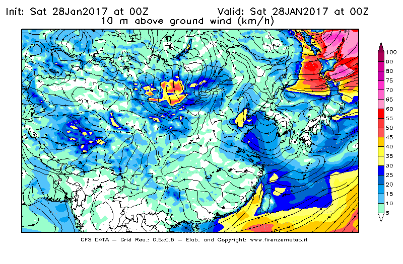 Mappa di analisi GFS - Velocità del vento a 10 metri dal suolo [km/h] in Asia Orientale
							del 28/01/2017 00 <!--googleoff: index-->UTC<!--googleon: index-->