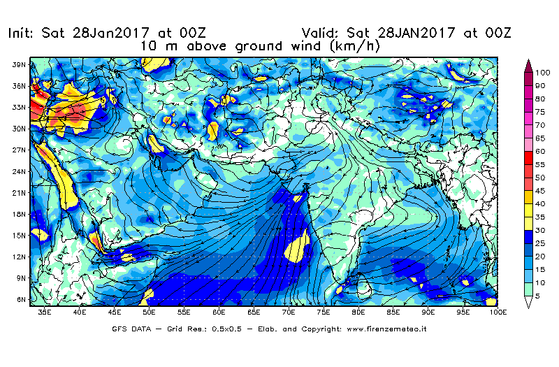 Mappa di analisi GFS - Velocità del vento a 10 metri dal suolo [km/h] in Asia Sud-Occidentale
							del 28/01/2017 00 <!--googleoff: index-->UTC<!--googleon: index-->