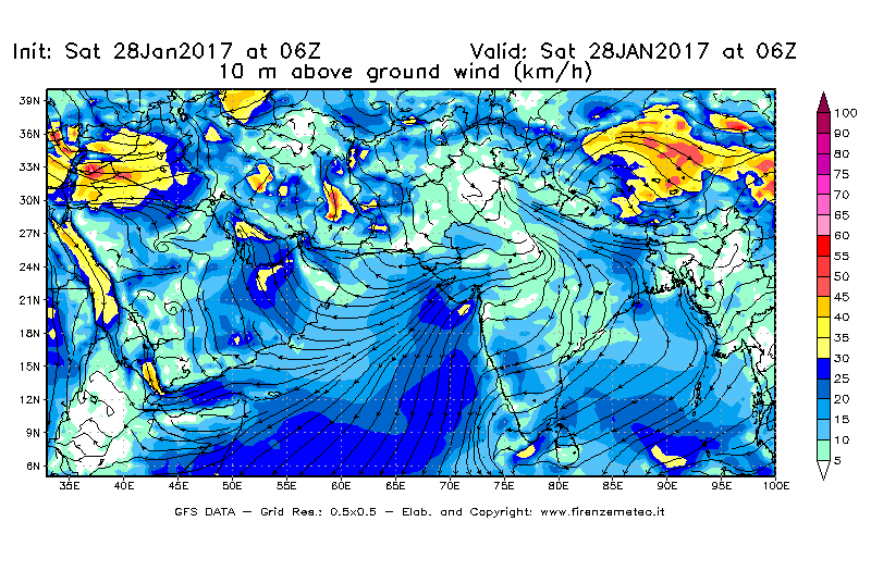 Mappa di analisi GFS - Velocità del vento a 10 metri dal suolo [km/h] in Asia Sud-Occidentale
									del 28/01/2017 06 <!--googleoff: index-->UTC<!--googleon: index-->