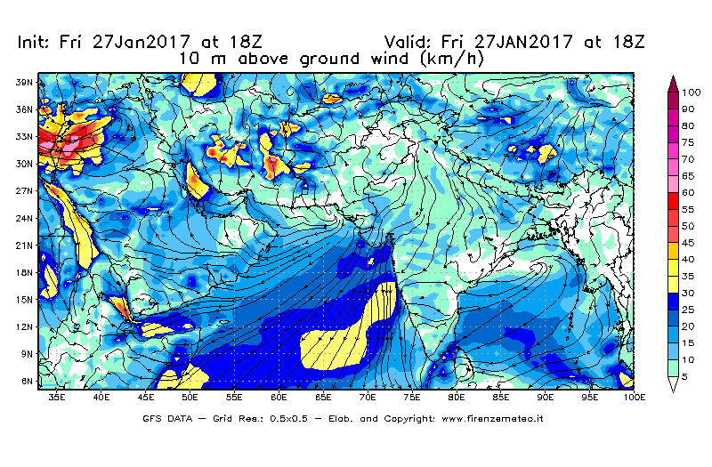 Mappa di analisi GFS - Velocità del vento a 10 metri dal suolo [km/h] in Asia Sud-Occidentale
							del 28/01/2017 18 <!--googleoff: index-->UTC<!--googleon: index-->