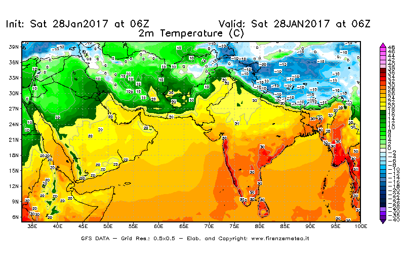Mappa di analisi GFS - Temperatura a 2 metri dal suolo [°C] in Asia Sud-Occidentale
									del 28/01/2017 06 <!--googleoff: index-->UTC<!--googleon: index-->
