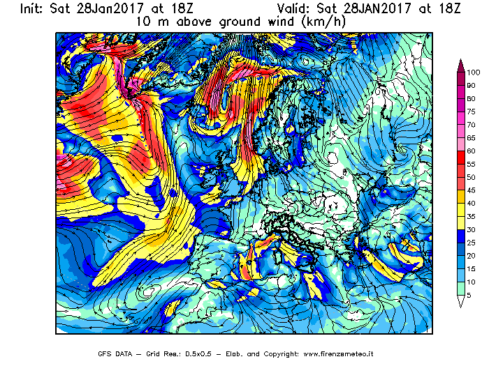 Mappa di analisi GFS - Velocità del vento a 10 metri dal suolo [km/h] in Europa
									del 28/01/2017 18 <!--googleoff: index-->UTC<!--googleon: index-->