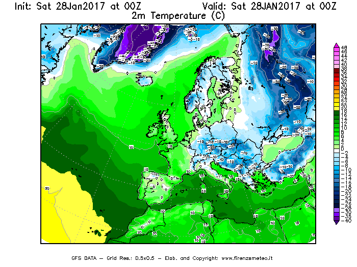 Mappa di analisi GFS - Temperatura a 2 metri dal suolo [°C] in Europa
							del 28/01/2017 00 <!--googleoff: index-->UTC<!--googleon: index-->