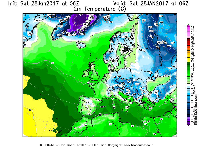 Mappa di analisi GFS - Temperatura a 2 metri dal suolo [°C] in Europa
									del 28/01/2017 06 <!--googleoff: index-->UTC<!--googleon: index-->