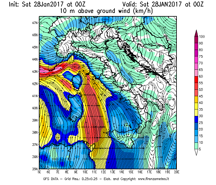 Mappa di analisi GFS - Velocità del vento a 10 metri dal suolo [km/h] in Italia
							del 28/01/2017 00 <!--googleoff: index-->UTC<!--googleon: index-->