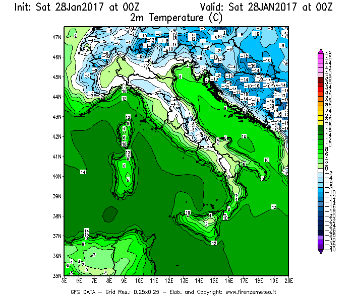 Mappa di analisi GFS - Temperatura a 2 metri dal suolo [°C] in Italia
							del 28/01/2017 00 <!--googleoff: index-->UTC<!--googleon: index-->