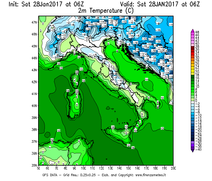 Mappa di analisi GFS - Temperatura a 2 metri dal suolo [°C] in Italia
							del 28/01/2017 06 <!--googleoff: index-->UTC<!--googleon: index-->