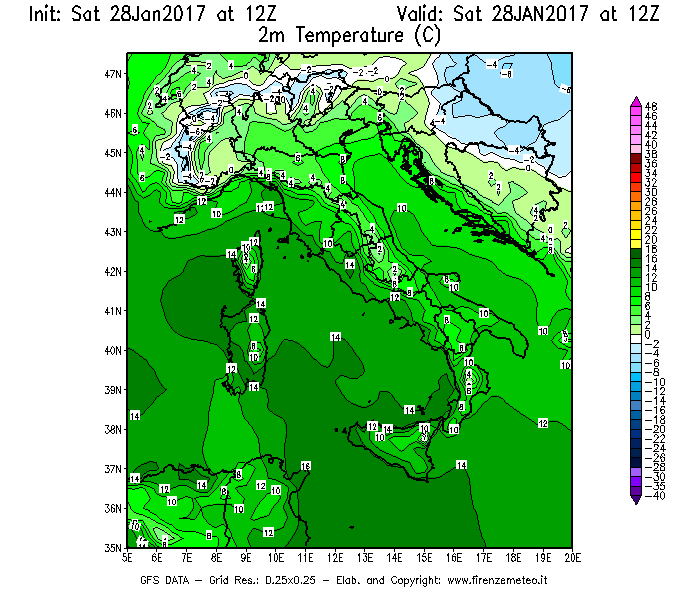 Mappa di analisi GFS - Temperatura a 2 metri dal suolo [°C] in Italia
									del 28/01/2017 12 <!--googleoff: index-->UTC<!--googleon: index-->
