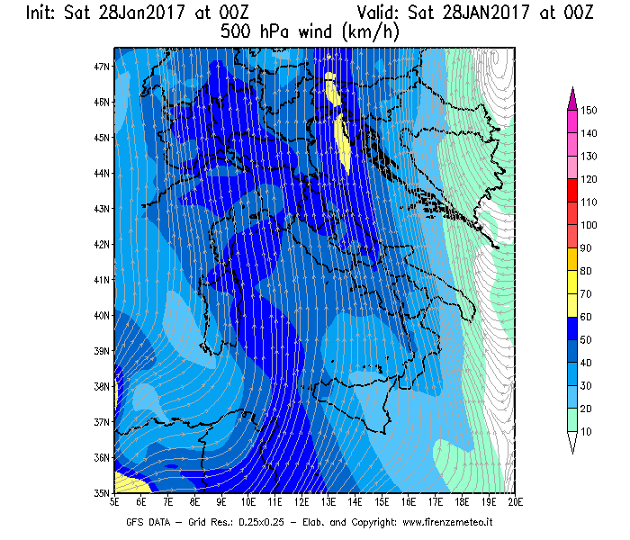 Mappa di analisi GFS - Velocità del vento a 500 hPa [km/h] in Italia
							del 28/01/2017 00 <!--googleoff: index-->UTC<!--googleon: index-->