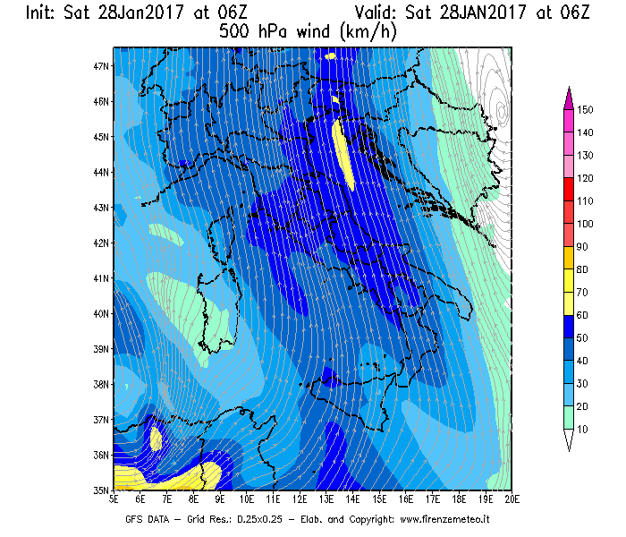 Mappa di analisi GFS - Velocità del vento a 500 hPa [km/h] in Italia
							del 28/01/2017 06 <!--googleoff: index-->UTC<!--googleon: index-->