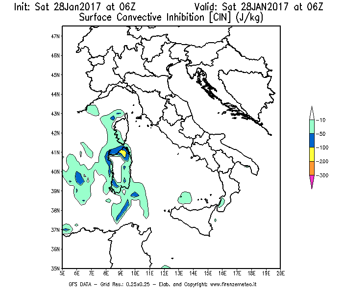 Mappa di analisi GFS - CIN [J/kg] in Italia
							del 28/01/2017 06 <!--googleoff: index-->UTC<!--googleon: index-->