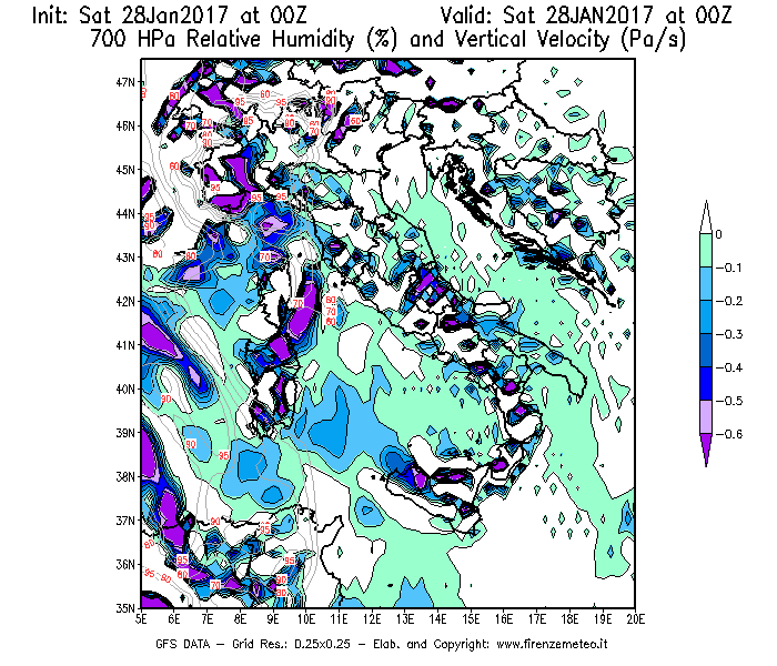 Mappa di analisi GFS - Umidità relativa [%] e Omega [Pa/s] a 700 hPa in Italia
							del 28/01/2017 00 <!--googleoff: index-->UTC<!--googleon: index-->