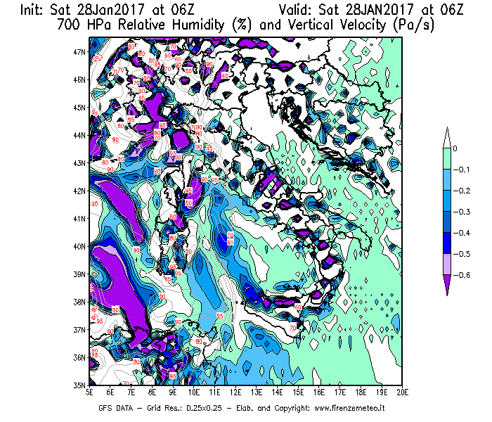 Mappa di analisi GFS - Umidità relativa [%] e Omega [Pa/s] a 700 hPa in Italia
							del 28/01/2017 06 <!--googleoff: index-->UTC<!--googleon: index-->