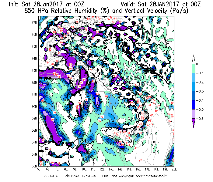 Mappa di analisi GFS - Umidità relativa [%] e Omega [Pa/s] a 850 hPa in Italia
							del 28/01/2017 00 <!--googleoff: index-->UTC<!--googleon: index-->