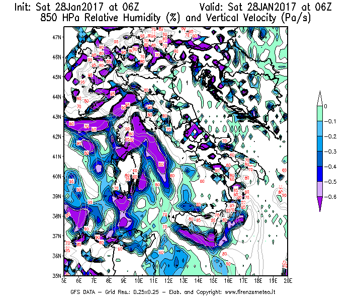 Mappa di analisi GFS - Umidità relativa [%] e Omega [Pa/s] a 850 hPa in Italia
									del 28/01/2017 06 <!--googleoff: index-->UTC<!--googleon: index-->