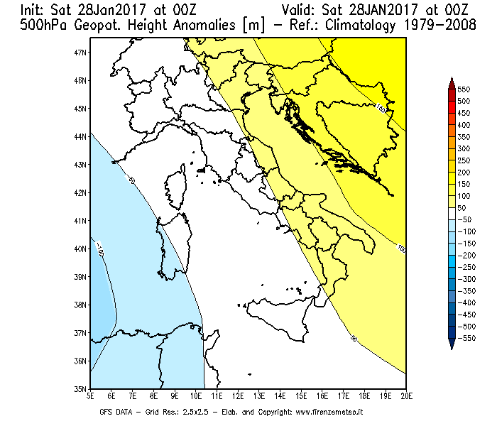 Mappa di analisi GFS - Anomalia di Geopotenziale a 500 hPa in Italia
							del 28/01/2017 00 <!--googleoff: index-->UTC<!--googleon: index-->