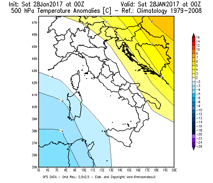 Mappa di analisi GFS - Anomalia Temperatura [°C] a 500 hPa in Italia
									del 28/01/2017 00 <!--googleoff: index-->UTC<!--googleon: index-->