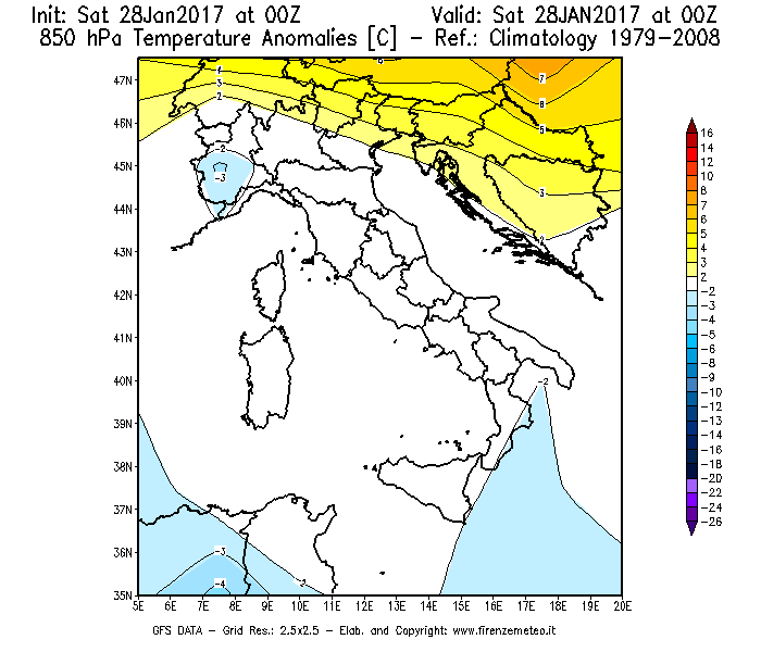 Mappa di analisi GFS - Anomalia Temperatura [°C] a 850 hPa in Italia
							del 28/01/2017 00 <!--googleoff: index-->UTC<!--googleon: index-->