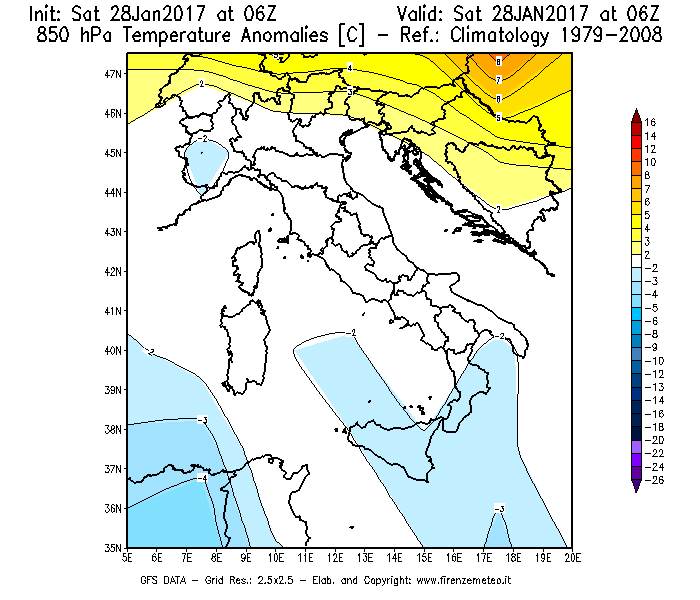 Mappa di analisi GFS - Anomalia Temperatura [°C] a 850 hPa in Italia
							del 28/01/2017 06 <!--googleoff: index-->UTC<!--googleon: index-->