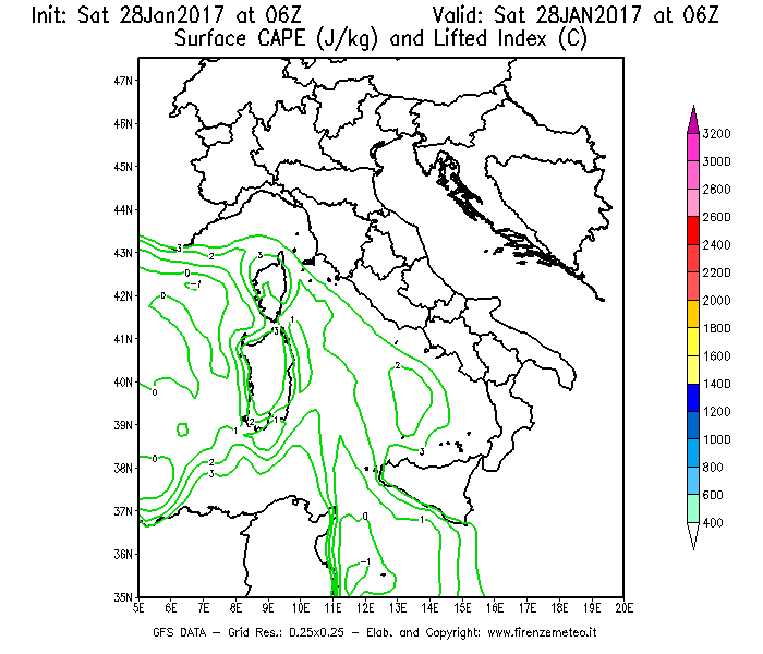 Mappa di analisi GFS - CAPE [J/kg] e Lifted Index [°C] in Italia
							del 28/01/2017 06 <!--googleoff: index-->UTC<!--googleon: index-->