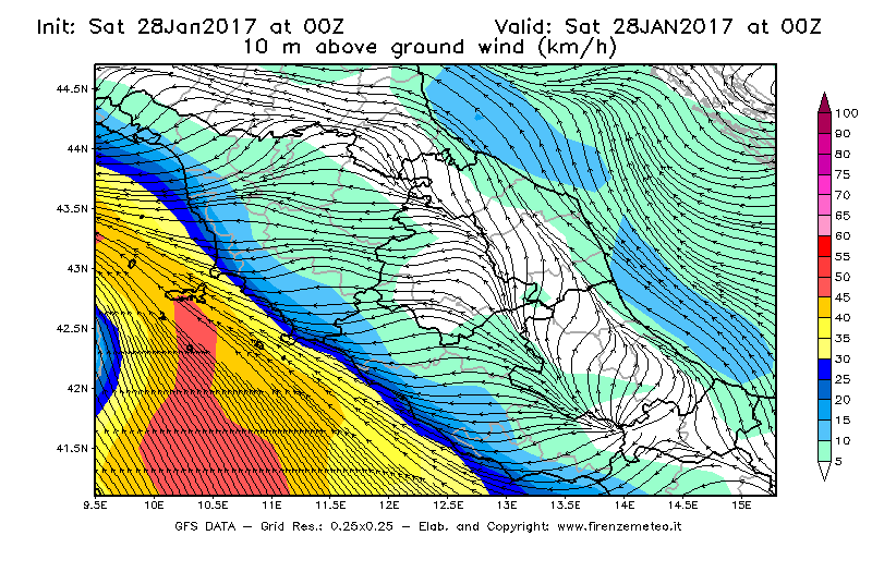 Mappa di analisi GFS - Velocità del vento a 10 metri dal suolo [km/h] in Centro-Italia
									del 28/01/2017 00 <!--googleoff: index-->UTC<!--googleon: index-->