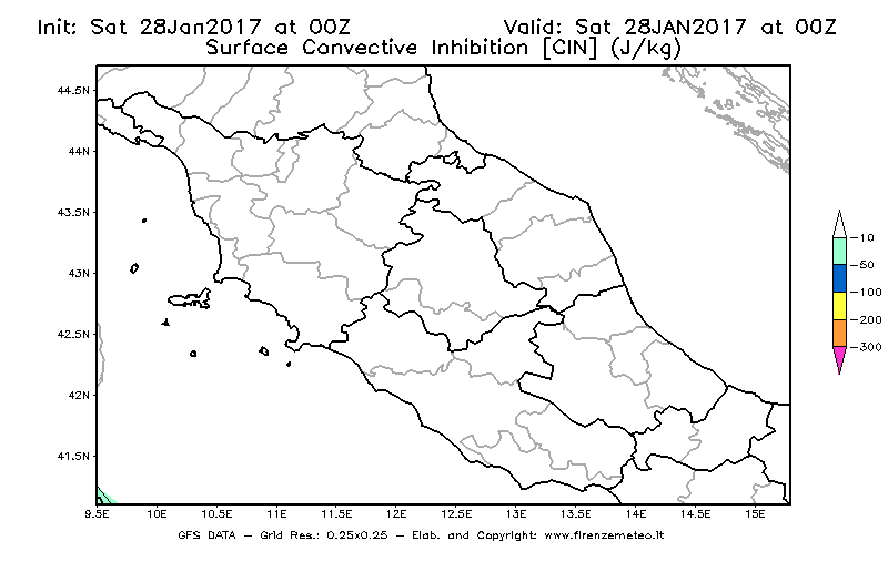 Mappa di analisi GFS - CIN [J/kg] in Centro-Italia
							del 28/01/2017 00 <!--googleoff: index-->UTC<!--googleon: index-->
