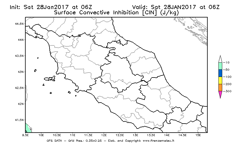 Mappa di analisi GFS - CIN [J/kg] in Centro-Italia
							del 28/01/2017 06 <!--googleoff: index-->UTC<!--googleon: index-->