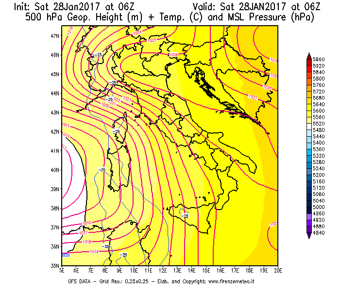Mappa di analisi GFS - Geopotenziale [m] + Temp. [°C] a 500 hPa + Press. a livello del mare [hPa] in Italia
							del 28/01/2017 06 <!--googleoff: index-->UTC<!--googleon: index-->