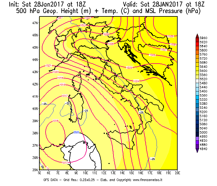 Mappa di analisi GFS - Geopotenziale [m] + Temp. [°C] a 500 hPa + Press. a livello del mare [hPa] in Italia
							del 28/01/2017 18 <!--googleoff: index-->UTC<!--googleon: index-->