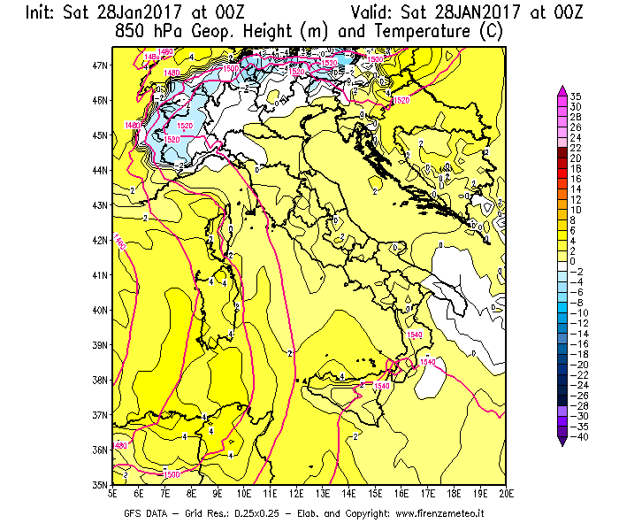 Mappa di analisi GFS - Geopotenziale [m] e Temperatura [°C] a 850 hPa in Italia
							del 28/01/2017 00 <!--googleoff: index-->UTC<!--googleon: index-->