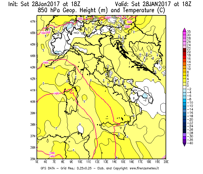 Mappa di analisi GFS - Geopotenziale [m] e Temperatura [°C] a 850 hPa in Italia
							del 28/01/2017 18 <!--googleoff: index-->UTC<!--googleon: index-->
