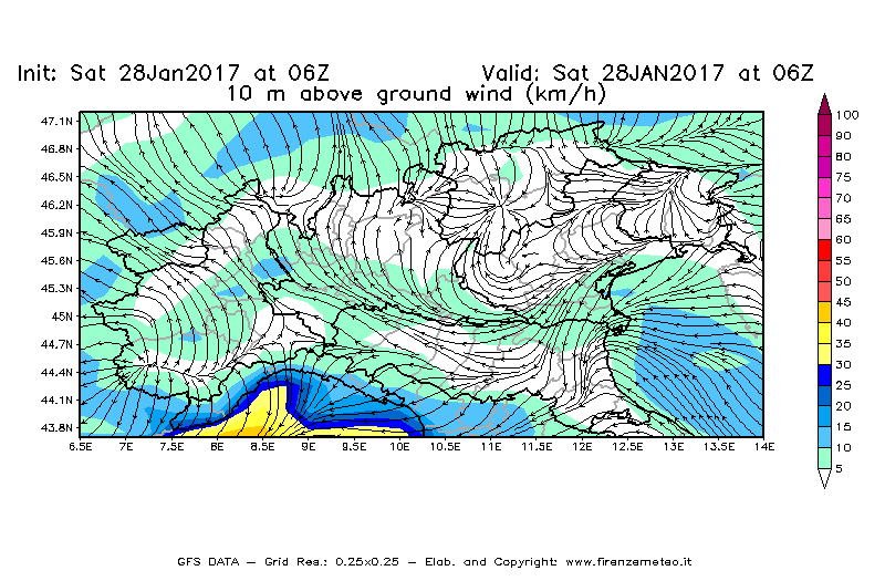 Mappa di analisi GFS - Velocità del vento a 10 metri dal suolo [km/h] in Nord-Italia
							del 28/01/2017 06 <!--googleoff: index-->UTC<!--googleon: index-->